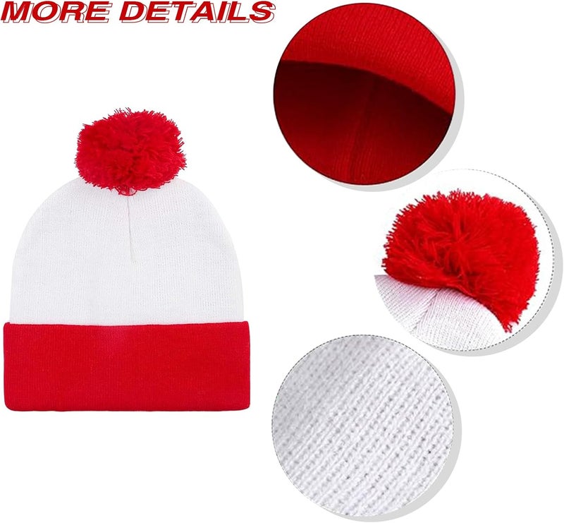 AWNALEEO Red White Pom Pom Cuff Knit Beanie Hat - Waldo Costume - Adult Halloween Hat Christmas Beanie Hat - Image 3
